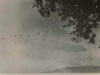German Paratroopers Over Crete Written on back of photograph - 